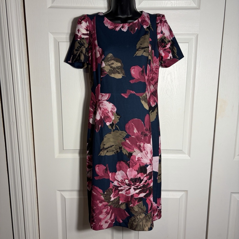Calvin Klein Floral Sheath Dress Women 10 Navy Pink Short Sleeve Corporate Chic